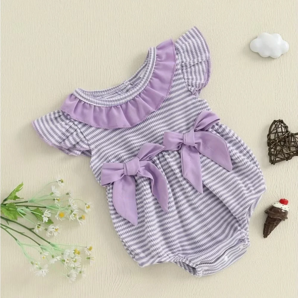 Adorable Purple Striped Bow Baby Girl Bubble Romper 12-18 Months